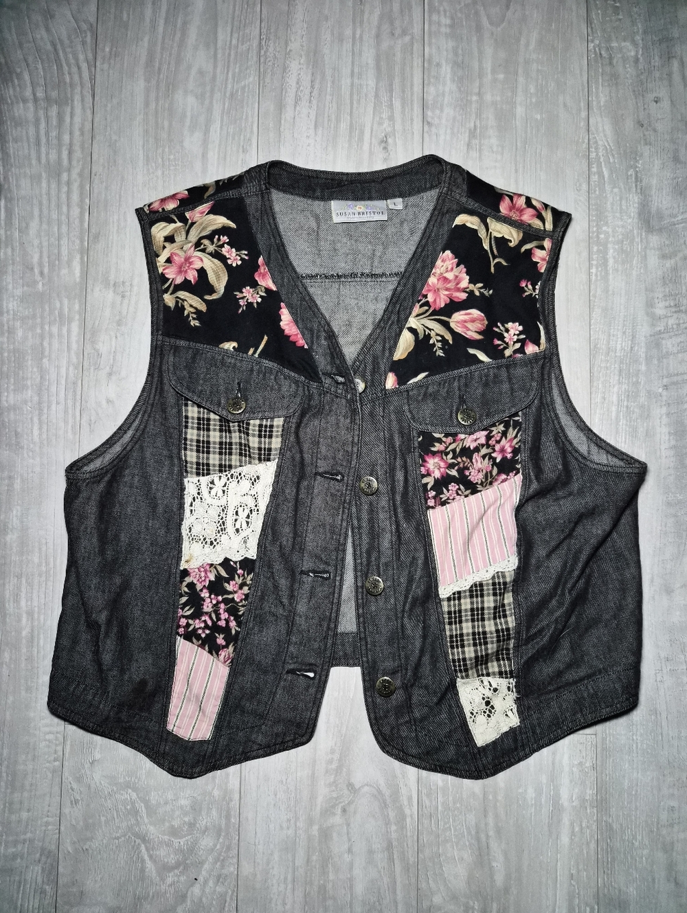 Patchwork Susan Bristol Vintage Vest top button up denim lace floral L Cottagec - Picture 2 of 8